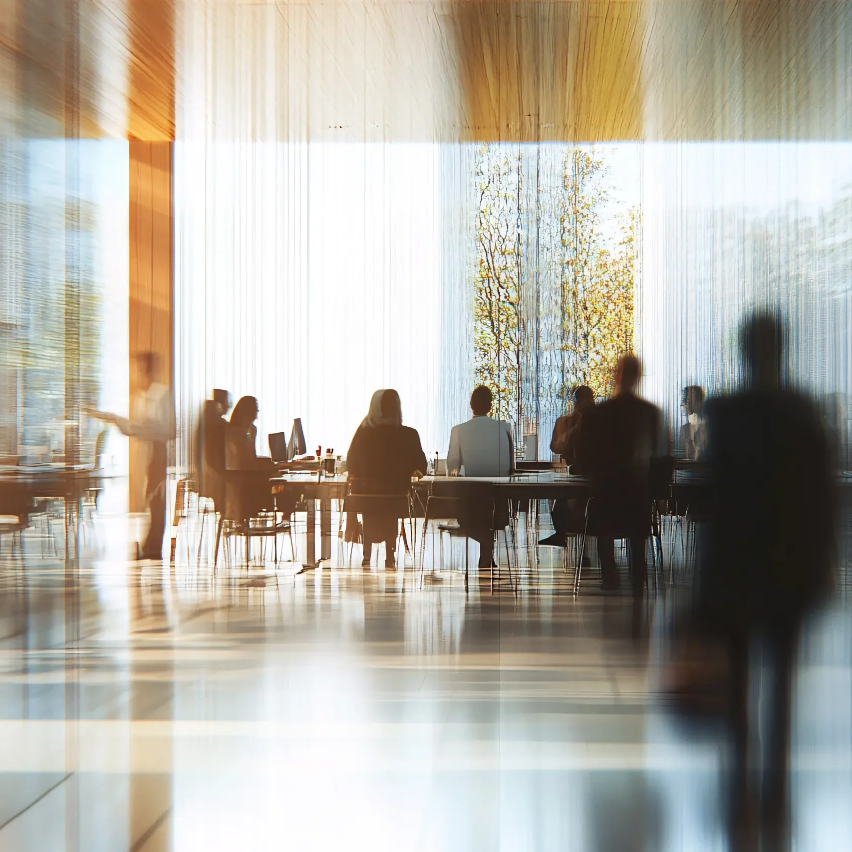 Blur office meeting blurred background with business people working group in boardroom discussion for teamwork brainstorming, executive seminar or professional training in small startup enterprise.