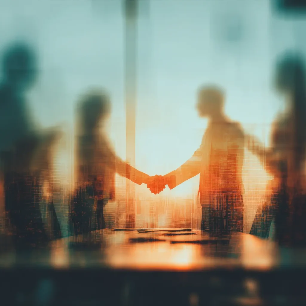 Blurred business people shaking hands in a modern office during sunset