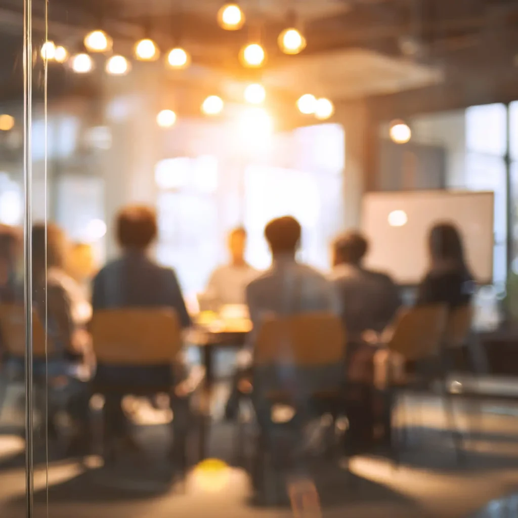 Blur a group of employees are sitting in a meeting and listening to what their boss is saying about business in the organization in the small meeting room at the office in the morning.