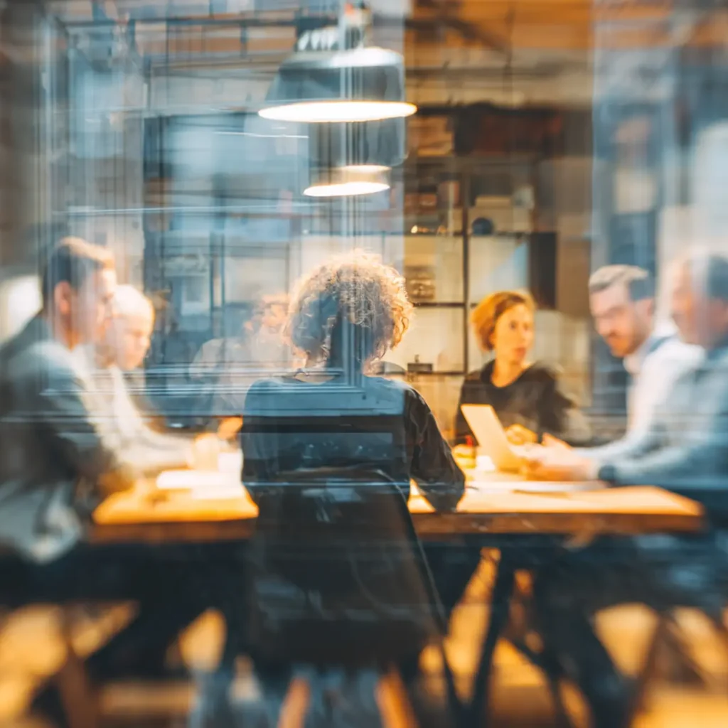 Business people sitting around the table in an office, captured from behind and in focus, symbolizing collaboration or negotiation within a company.