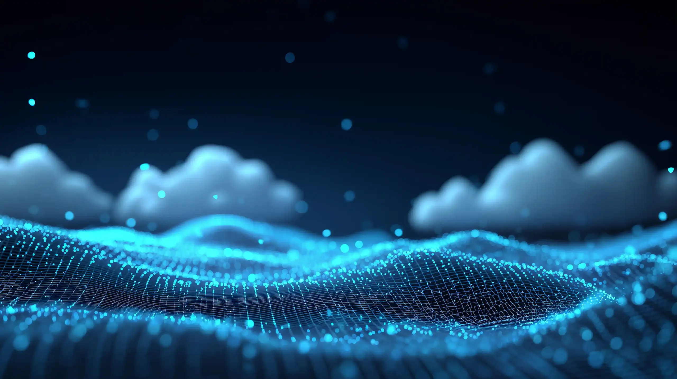 A futuristic digital data landscape formed by flowing particle waves, symbolizing information networks, cloud computing, and advanced technological systems. 