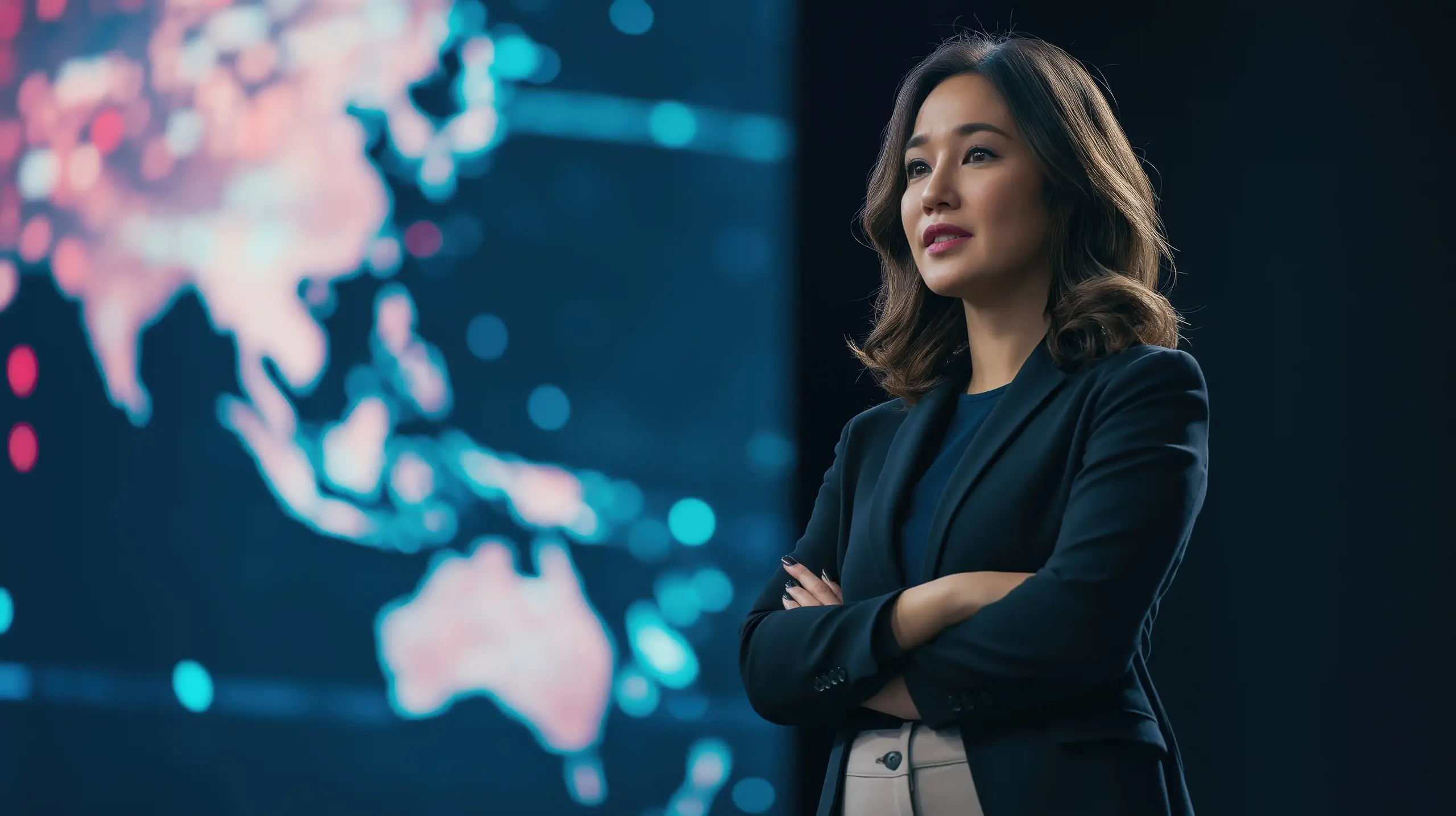 Confident Asian business woman standing with arms crossed, focusing on innovation and global business strategy with a digital world map blurred in the background, representing technology and data.