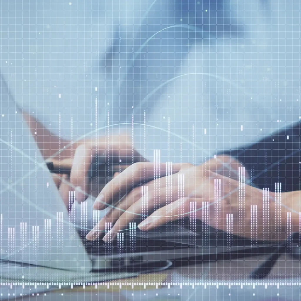 Confident Asian business woman standing with arms crossed, focusing on innovation and global business strategy with a digital world map blurred in the background, representing technology and data.