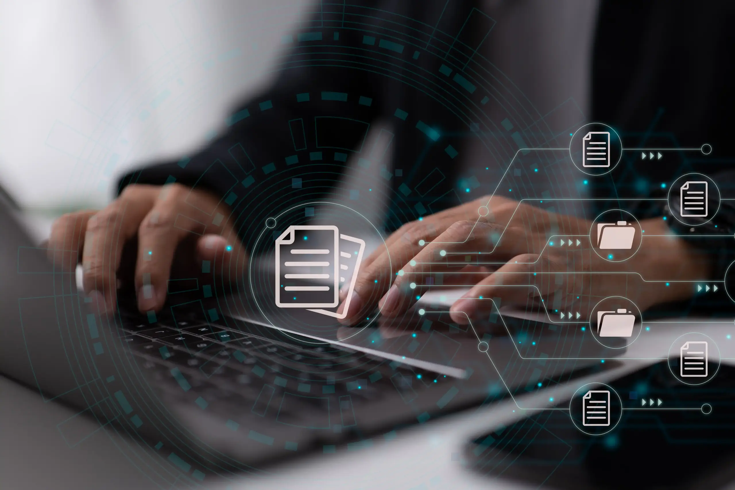 IT consultant is setting up a Document Management System (DMS). Archiving software for business files. Laptop computer in the office. 