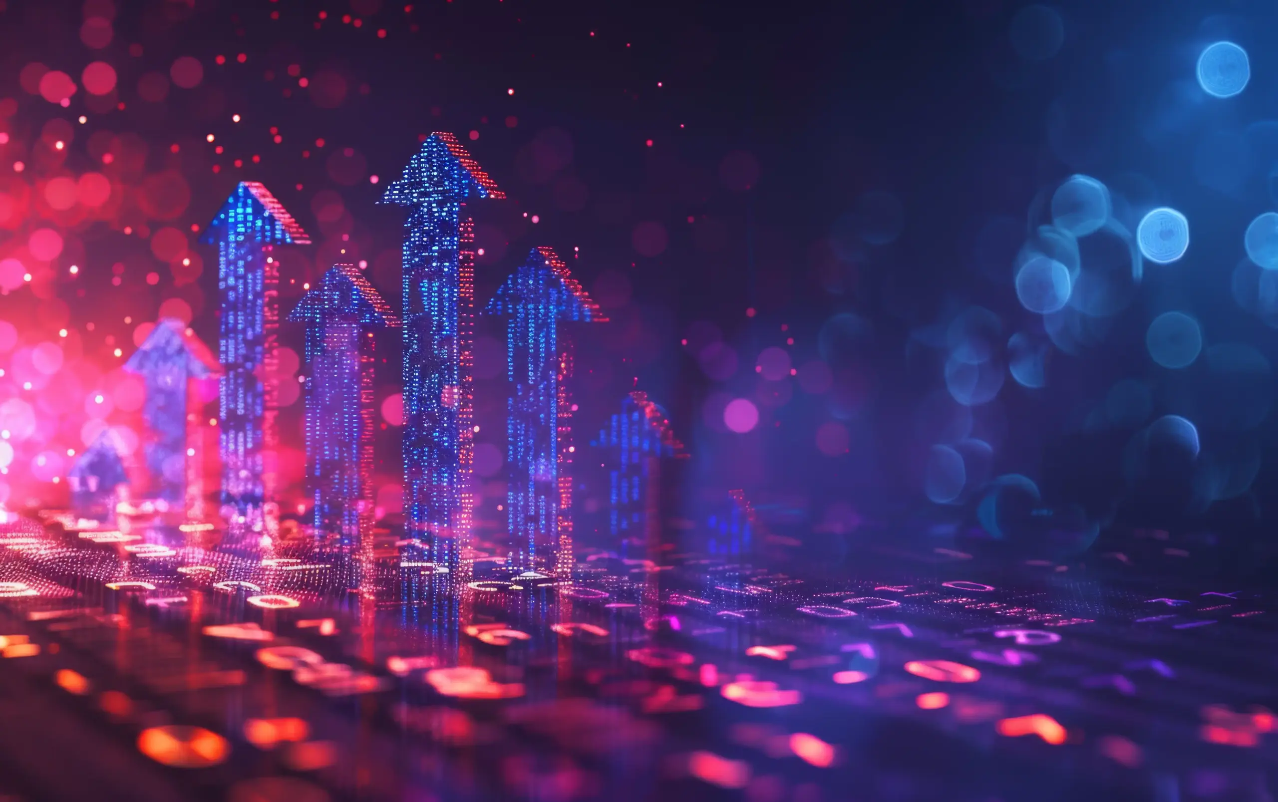 A computer screen with a blue background and a row of arrows pointing upwards. Concept of progress and growth, as the arrows represent the upward movement of data or information.