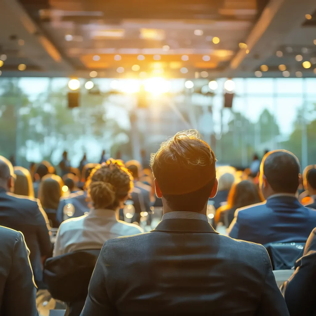 A large audience listens to a speaker at a conference with a bright, sunlit backdrop.