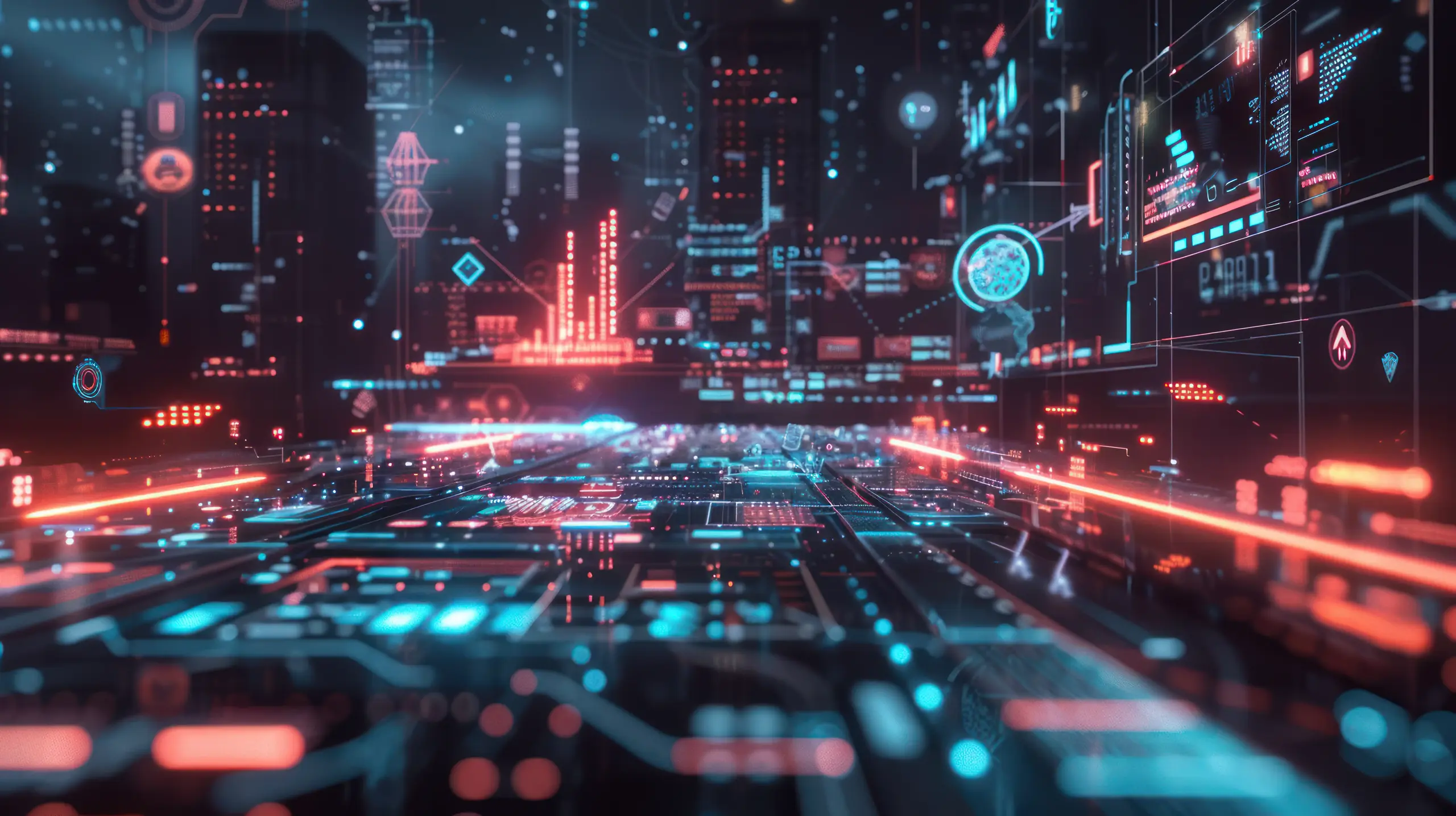 Futuristic Cityscape With Digital Interfaces and Illuminated Pathways