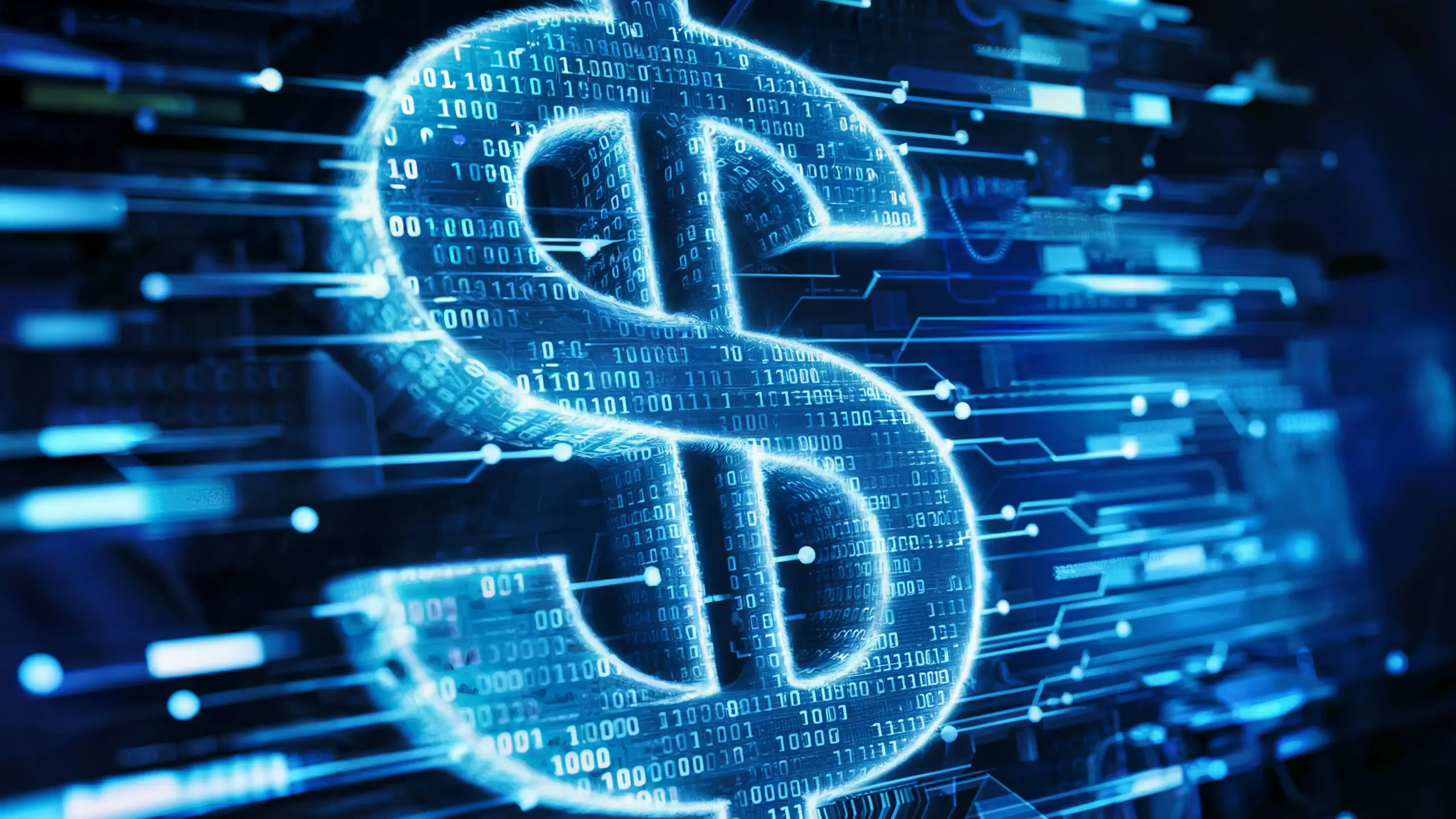 A digital representation of the dollar sign, intricately designed with binary codes.  